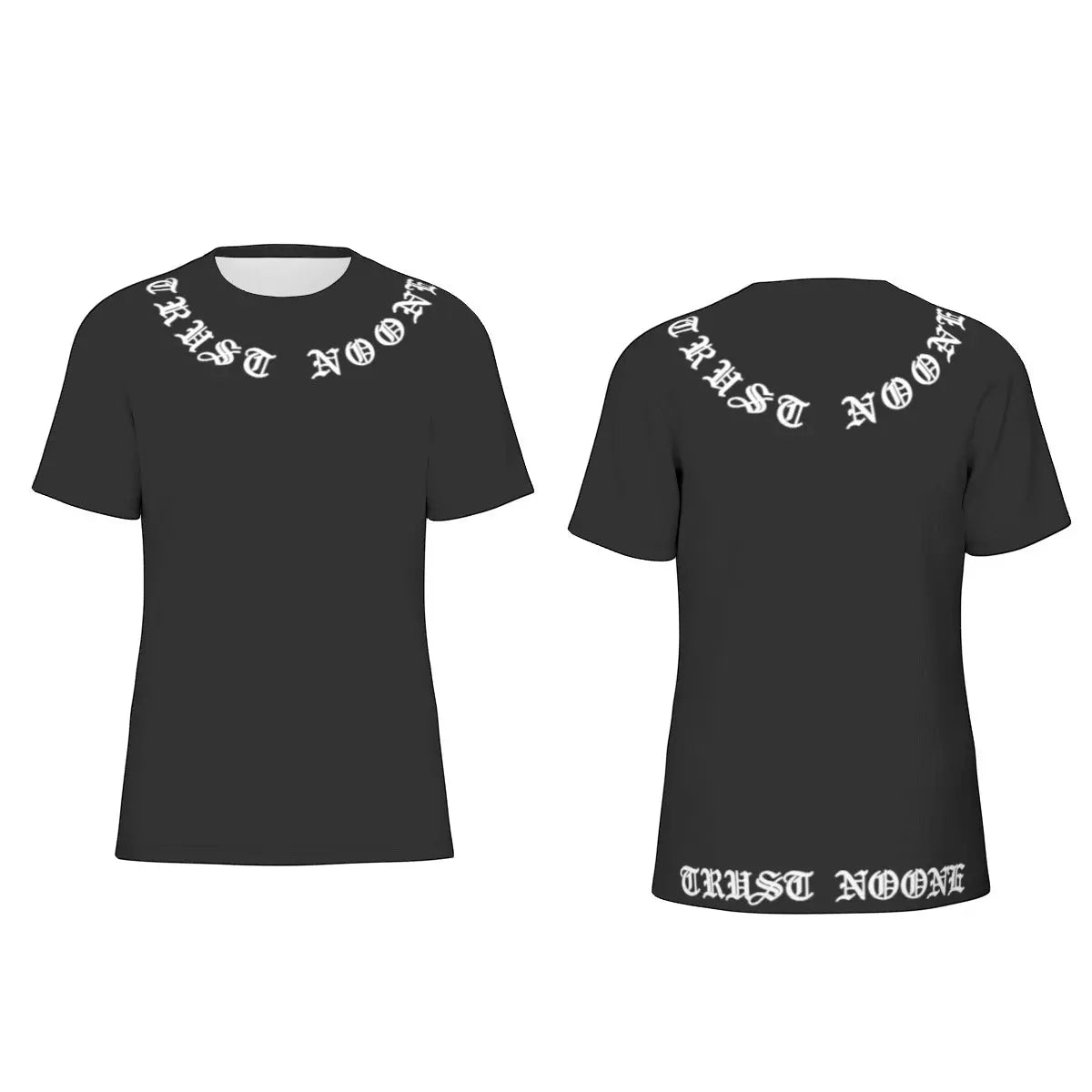 Men's black cotton T-shirt with 'Trust No One' text on front and back, showcasing classic fit and eco-friendly material.