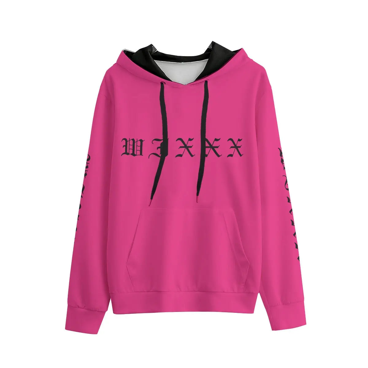 Pink Wixxx Lux Hoodie, 100% cotton, unisex with kangaroo pocket and drawstring hood, eco-friendly and warm fashion.