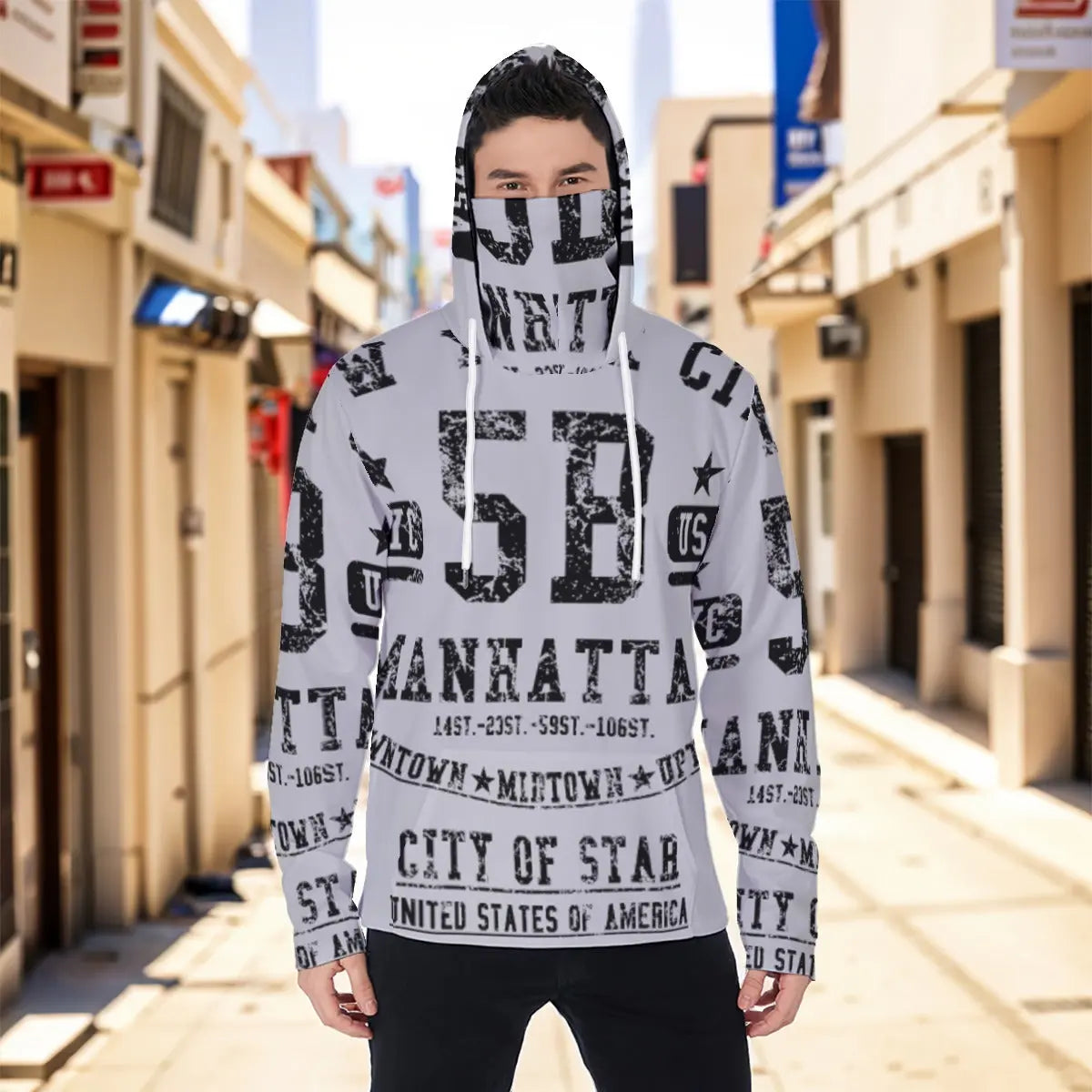 Model wearing a men's masked hoodie with urban print, featuring eco-friendly materials, drawstring, kangaroo pocket, and a comfortable fit.