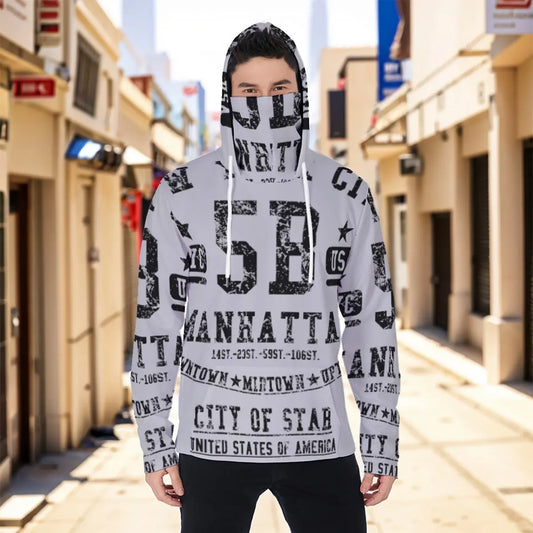 Model wearing a men's masked hoodie with urban print, featuring eco-friendly materials, drawstring, kangaroo pocket, and a comfortable fit.