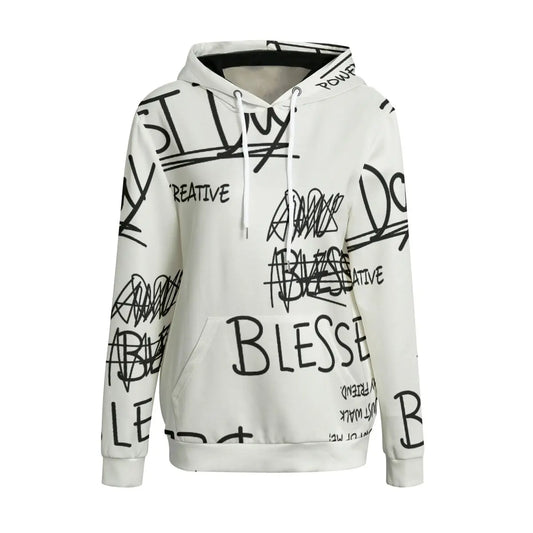 Stylish women's hoodie with graffiti design, featuring white drawstring, front pocket, black inner hood. Available sizes S-5XL.