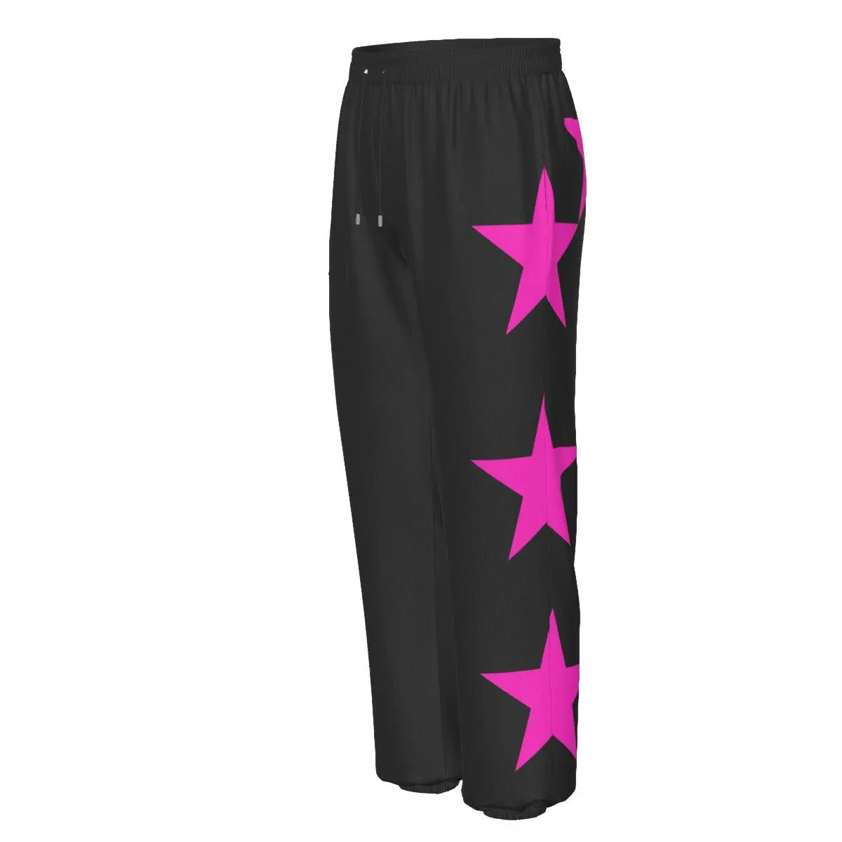 Black tracksuit pants with pink star pattern, elastic waistband, side pockets, 100% cotton, suitable for sports and leisure activities.