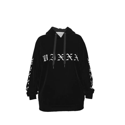 Black Lux Cotton Hoodie with Wixxx Design, featuring a drawstring hood and large pockets for comfort and style.