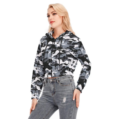 Model wearing a trendy camo cropped jacket with zipper closure, long sleeves, and paired with distressed jeans, perfect for casual outings.