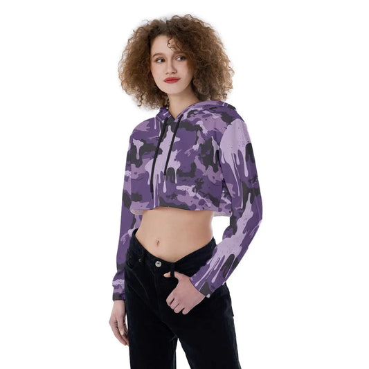 Purple camouflage cropped hoodie with drawstring hood and drop shoulder design, worn by model, perfect for casual and sporty outfits.