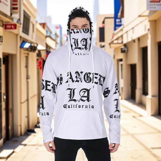 Men's eco-friendly masked hoodie with Los Angeles print, featuring drawstring and kangaroo pocket, shown in street setting.
