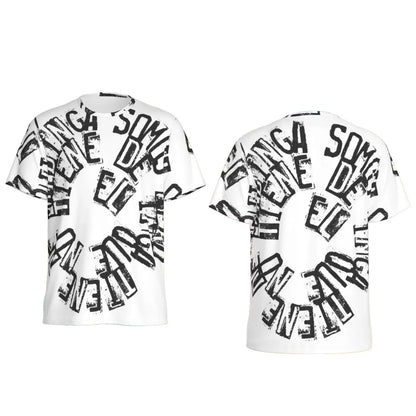 Men's T-shirt with black text design, round neck, made from breathable microfiber blend, shown from front and back views.