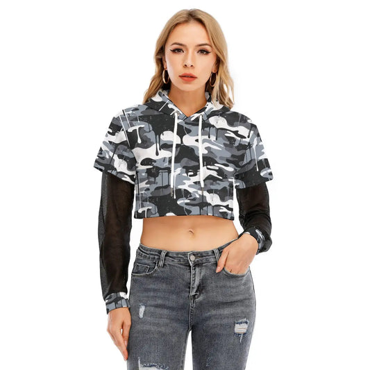 Women's layered crop top with mesh sleeves and camo print, featuring a stylish fake two-piece hoodie design. Perfect for sporty casual looks.
