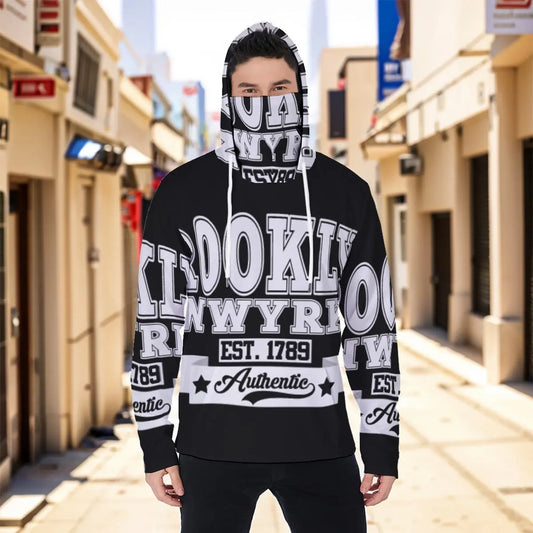 Men's masked hoodie with streetwear design, featuring bold graphic text, drawstrings, and kangaroo pocket in urban setting