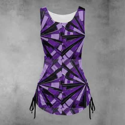 Purple geometric sleeveless dress with ruched sides and adjustable drawstring, offering a customizable and comfortable fit for summer.