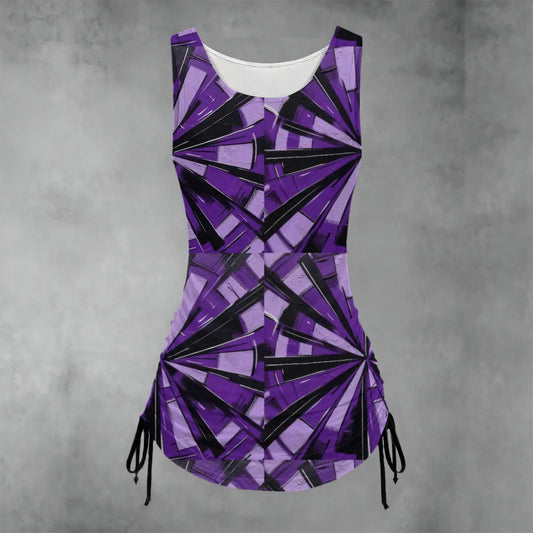 Purple geometric sleeveless dress with ruched sides and adjustable drawstring, offering a customizable and comfortable fit for summer.