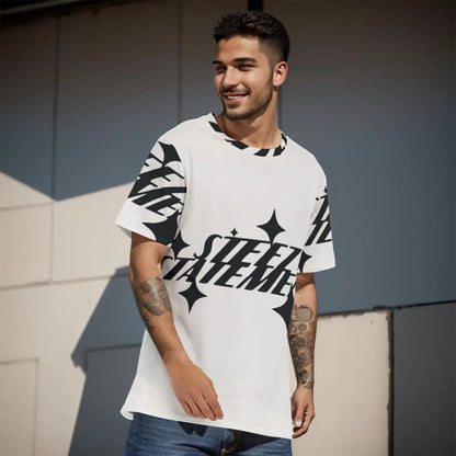 Smiling man wearing a stylish men's cotton T-shirt with bold graphic design, ideal for casual wear.