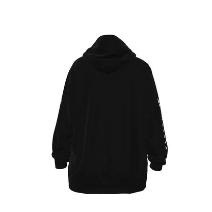 Back view of unisex black cotton hoodie with drawstring hood, eco-friendly fabric, and large pockets. Comfortable for chilly weather.