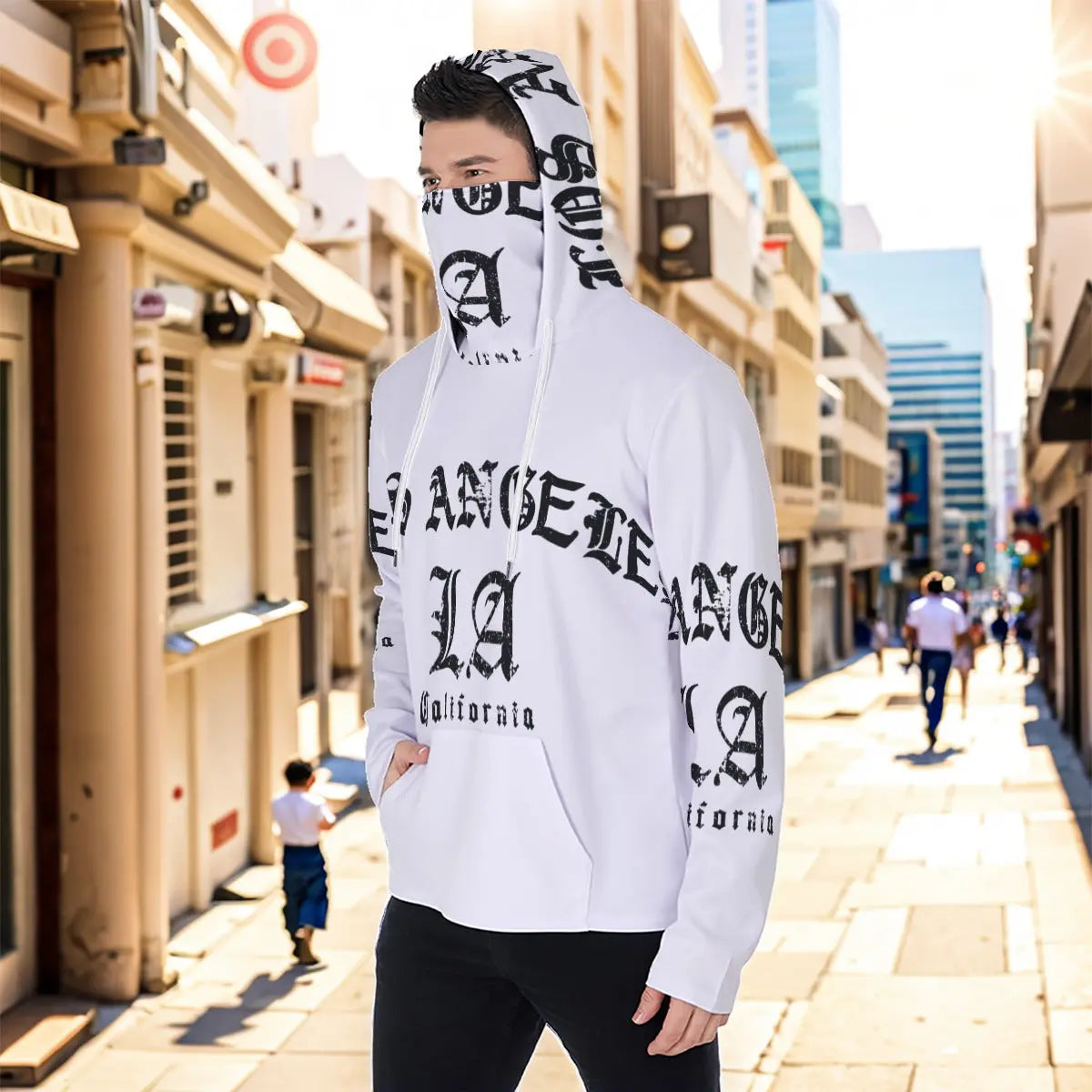 Stylish men's masked hoodie with text design, featuring a practical hood and kangaroo pocket, ideal for urban fashion.