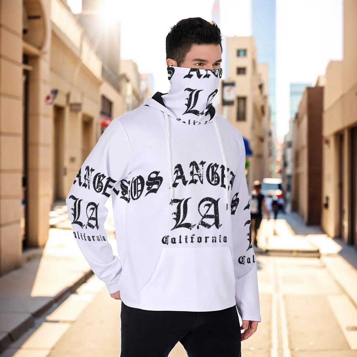 Men's eco-friendly masked hoodie with Los Angeles print, featuring drawstring and kangaroo pocket, street style fashion.