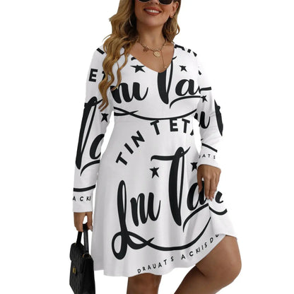 Woman wearing a Bell Dress with V-neck and long sleeves featuring bold text design, ideal for casual outings and available in sizes L to 5XL.