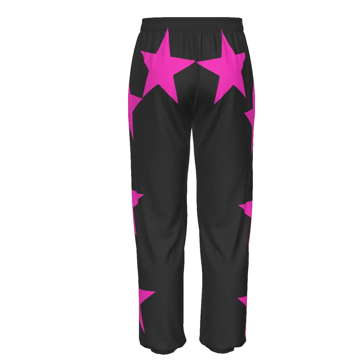 Rear view of black tracksuit pants with large pink star design, featuring elastic waistband and regular fit for sports and leisure.