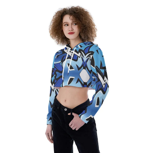 Woman wearing a colorful cropped hoodie with drop shoulders and drawstring hood, suitable for casual and sports wear.