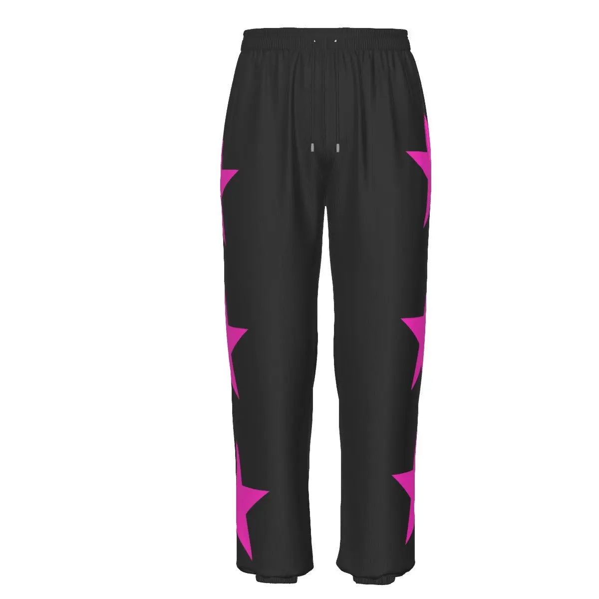 Black tracksuit pants with pink star design, featuring adjustable elastic waistband and side pockets for comfort and style.