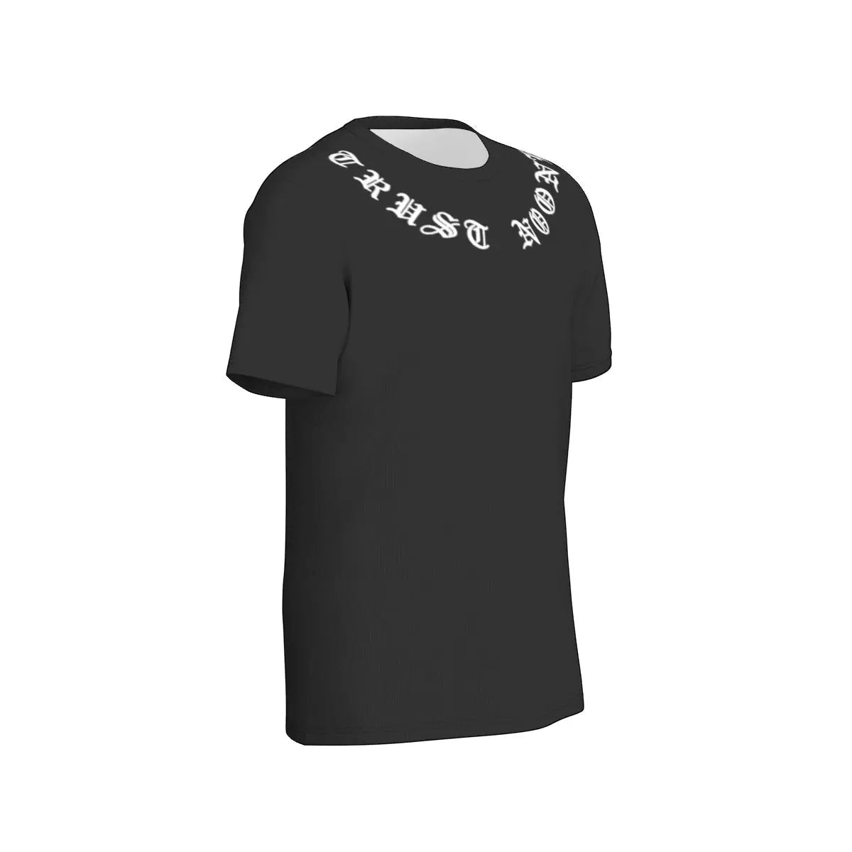 Men's cotton T-shirt in black with white text design on the collar, classic round neck, regular fit, ideal eco-friendly wardrobe staple.