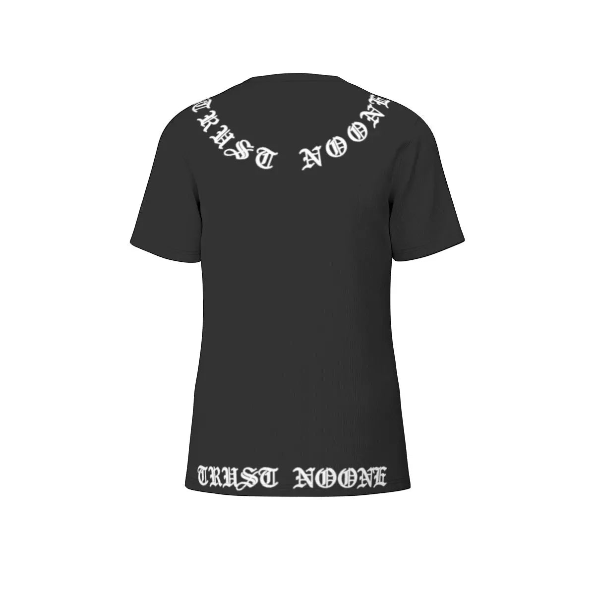 Back view of men's black cotton T-shirt with 'Trust Noone' text in white gothic letters.