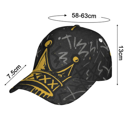 Black cap with yellow design and measurements on a white background