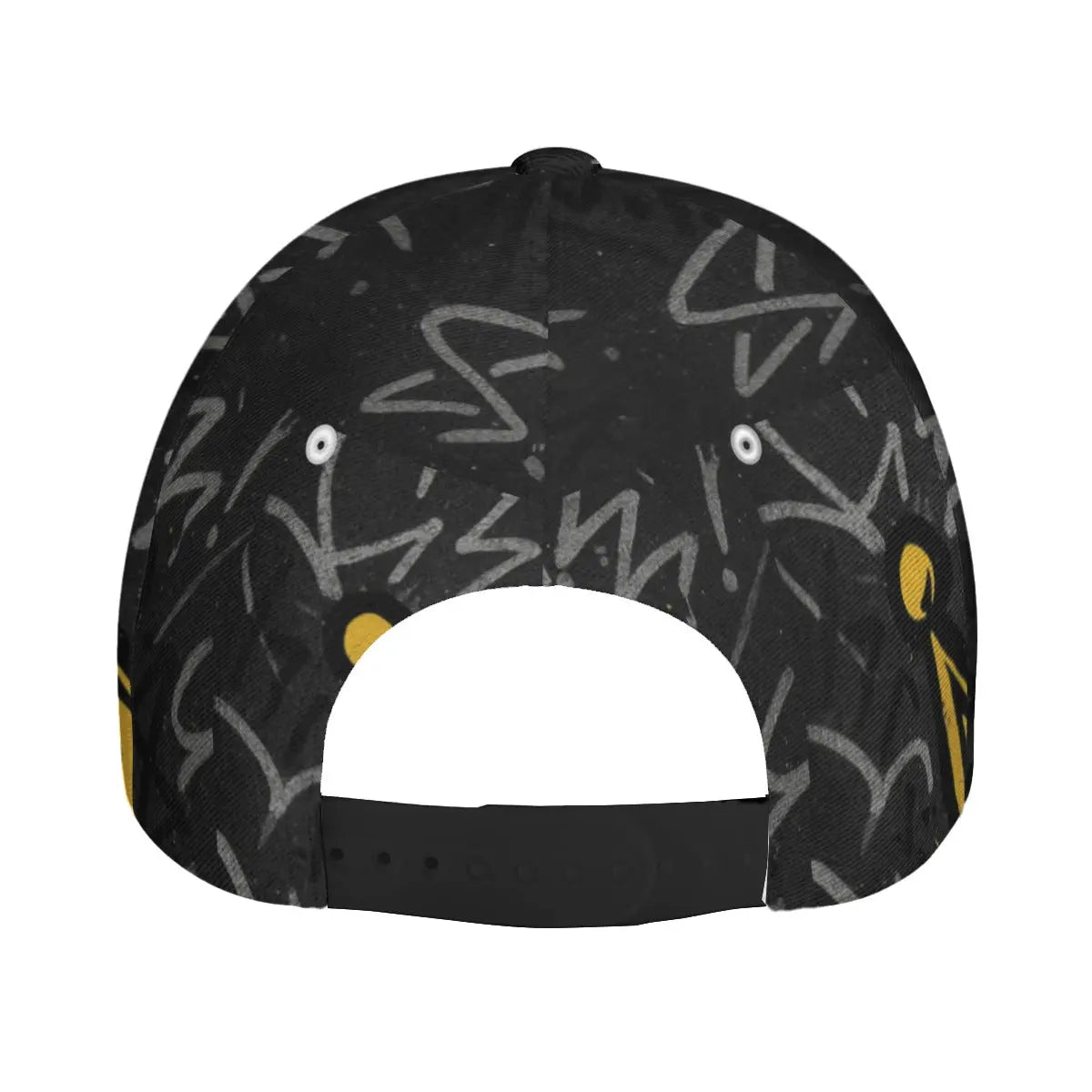Black cap with white and yellow patterns on a white background