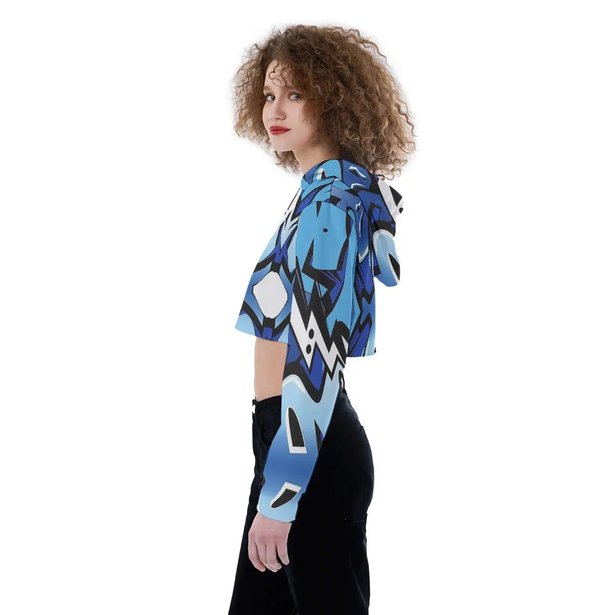 Woman wearing a blue patterned cropped hoodie with drop shoulder design and long sleeves, suitable for casual and sportswear.