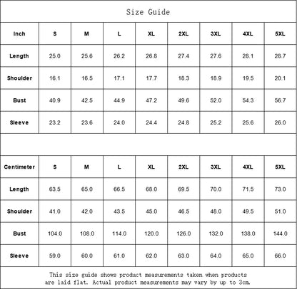 Women's hoodie size guide with measurements for sizes S to 5XL in inches and centimeters, including length, shoulder, bust, and sleeve.