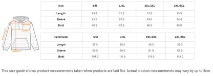Size guide chart for cropped hoodie with measurements in inches and centimeters for various sizes from S/M to 4XL/5XL.