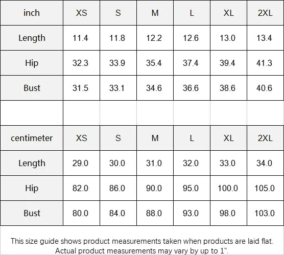 Size guide chart for gym set with measurements in inches and centimeters for XS to 2XL, including length, hip, and bust.