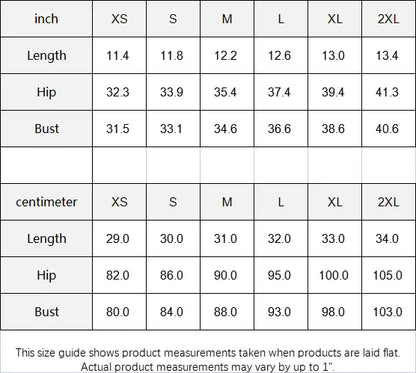 Size guide chart for gym set with measurements in inches and centimeters for XS to 2XL, including length, hip, and bust.