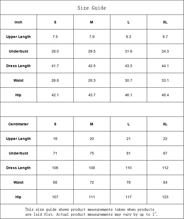 Size guide for 2 Piece Bikini Dress, showing measurements in inches and centimeters for sizes S to XL.