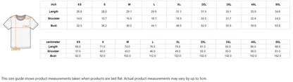 Men's cotton T-shirt size guide with measurements for XS to 5XL, including length, shoulder, and bust measurements in inches and centimeters.