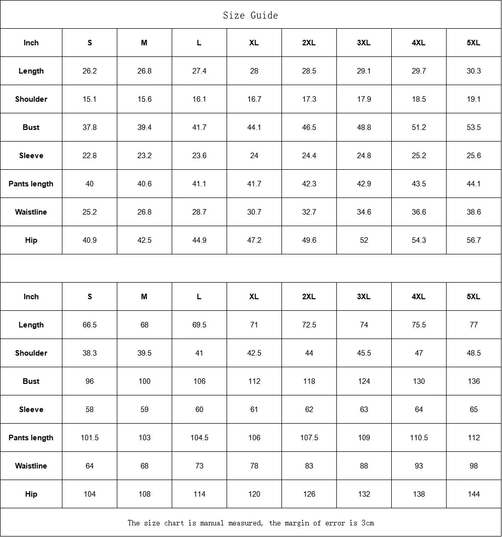 Size chart for women's long sleeve pajamas, showing measurements for sizes S to 5XL in inches and centimeters.