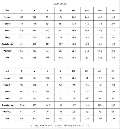 Size chart for women's long sleeve pajamas, showing measurements for sizes S to 5XL in inches and centimeters.
