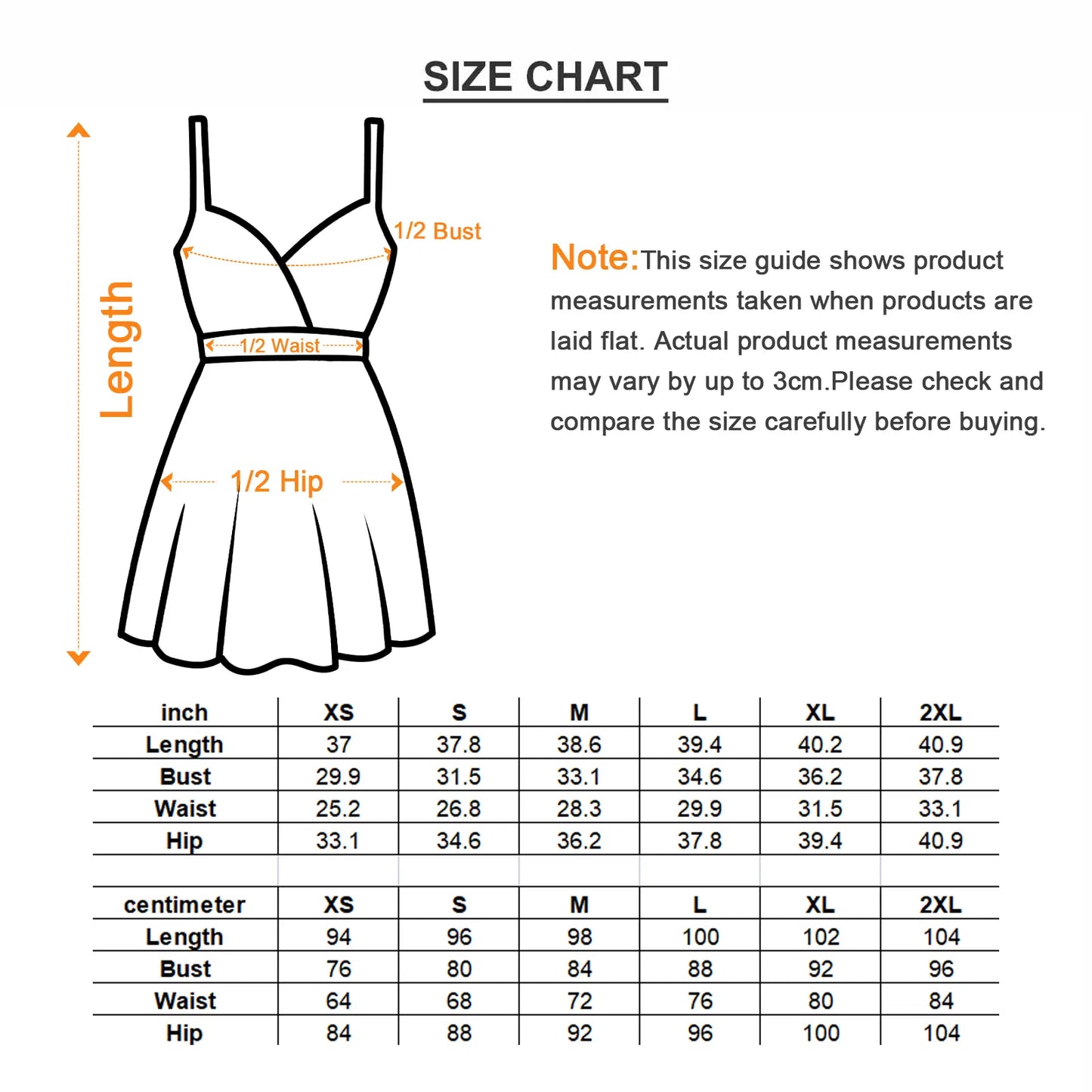 Size chart for cross-back dress, with bust, waist, and hip measurements in inches and centimeters from sizes XS to 2XL.