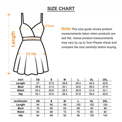 Size chart for cross-back dress, with bust, waist, and hip measurements in inches and centimeters from sizes XS to 2XL.
