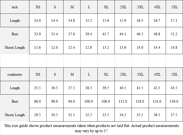 Size chart for Cropped Tee Set showing measurements in inches and centimeters for XS to 5XL.