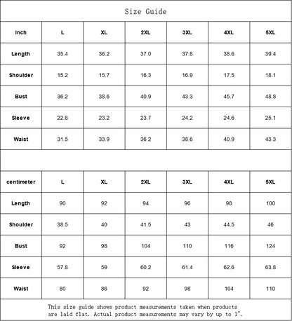 Bell Dress size guide chart for L to 5XL, includes measurements for length, shoulder, bust, sleeve, and waist in inches and centimeters.