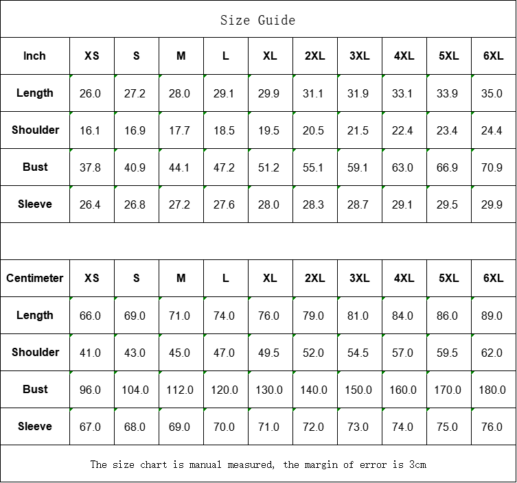Detailed size guide for clothing, showing measurements in inches and centimeters for sizes XS to 6XL, including bust and sleeve.