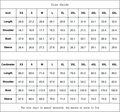 Detailed size guide for clothing, showing measurements in inches and centimeters for sizes XS to 6XL, including bust and sleeve.