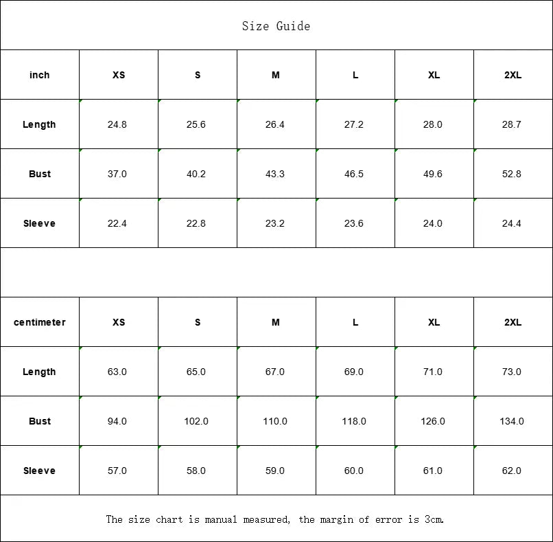 Cutout shoulder jumper size guide chart in inches and centimeters from XS to 2XL, with length, bust, and sleeve measurements.