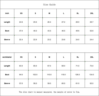 Cutout shoulder jumper size guide chart in inches and centimeters from XS to 2XL, with length, bust, and sleeve measurements.