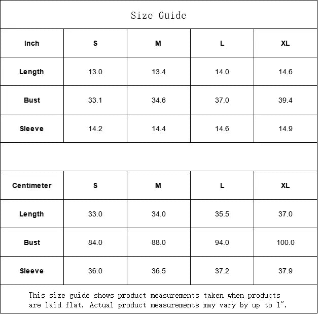 Size guide chart showing measurements in inches and centimeters for S, M, L, XL including length, bust, and sleeve details.
