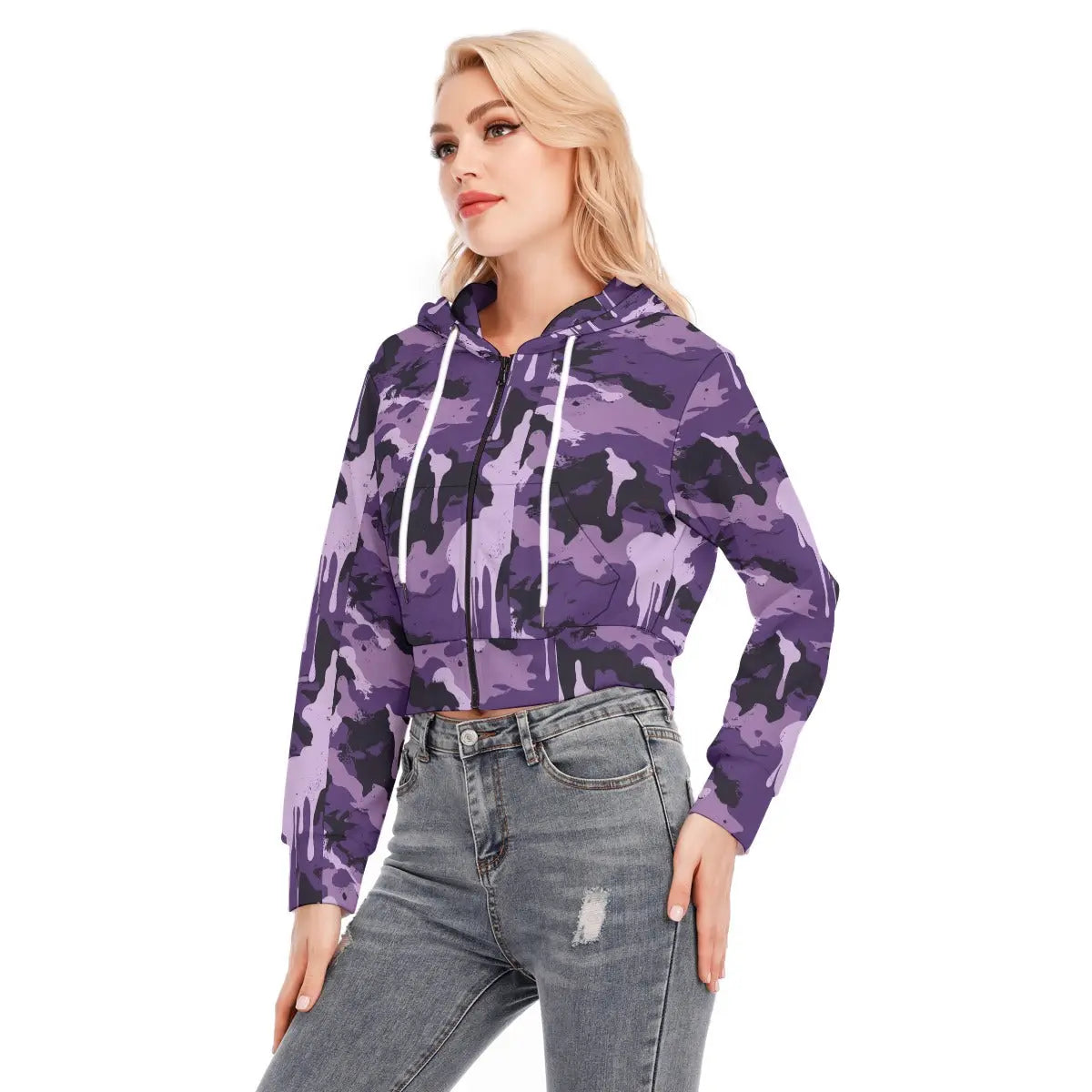 Purple camo cropped jacket with zipper, long sleeves, and hood, paired with jeans. Fashionable and versatile outerwear.