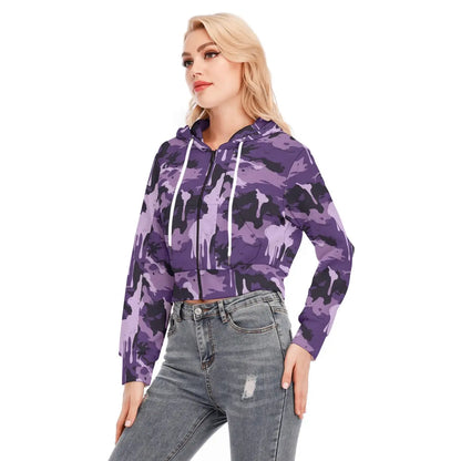 Purple camo cropped jacket with zipper, long sleeves, and hood, paired with jeans. Fashionable and versatile outerwear.