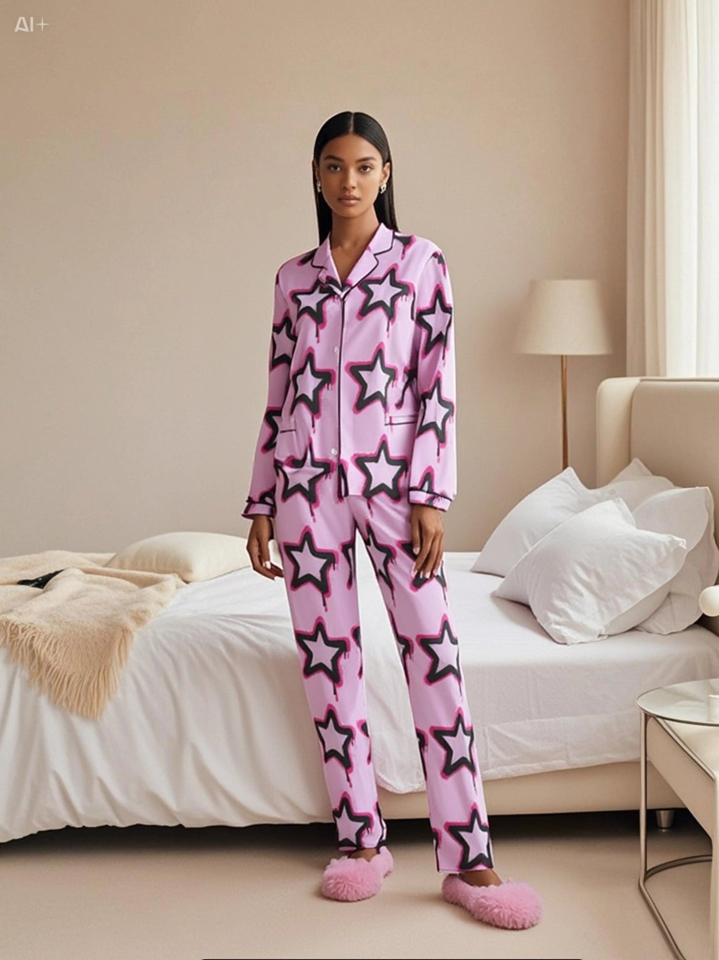 Woman wearing star-patterned pink long sleeve pajamas standing in a bedroom next to a bed with white linens.