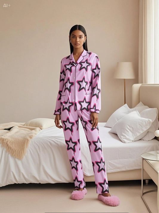 Woman wearing star-patterned pink long sleeve pajamas standing in a bedroom next to a bed with white linens.