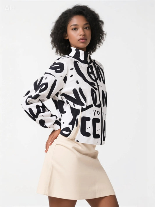Woman wearing a graphic print jacket with a high collar paired with a beige skirt, showcasing a chic and modern fashion style.